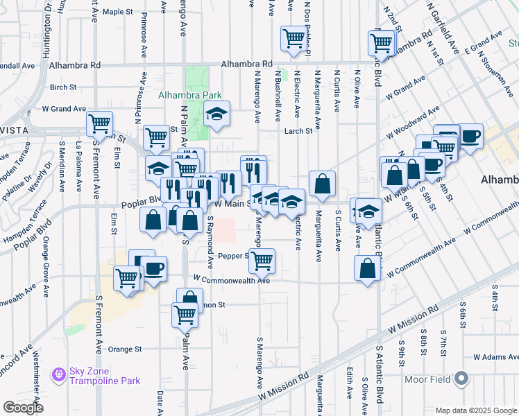 map of restaurants, bars, coffee shops, grocery stores, and more near 12 North Marengo Avenue in Alhambra