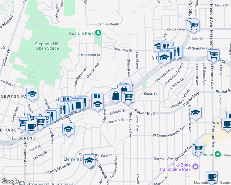 map of restaurants, bars, coffee shops, grocery stores, and more near 5321 Almont Street in Los Angeles
