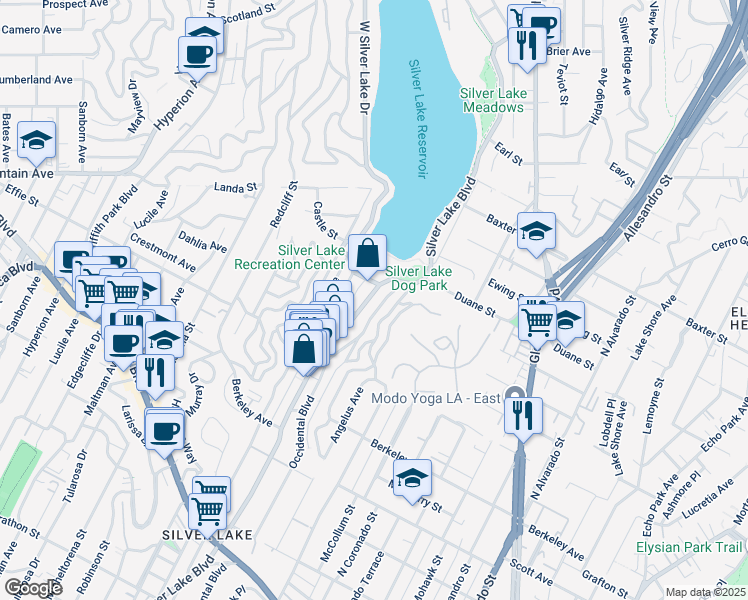 map of restaurants, bars, coffee shops, grocery stores, and more near 1850 West Silver Lake Drive in Los Angeles