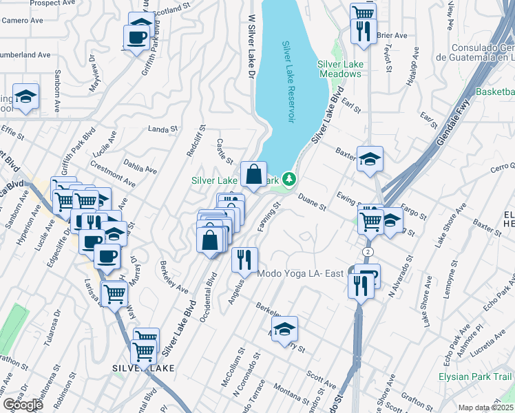 map of restaurants, bars, coffee shops, grocery stores, and more near 1850 West Silver Lake Drive in Los Angeles