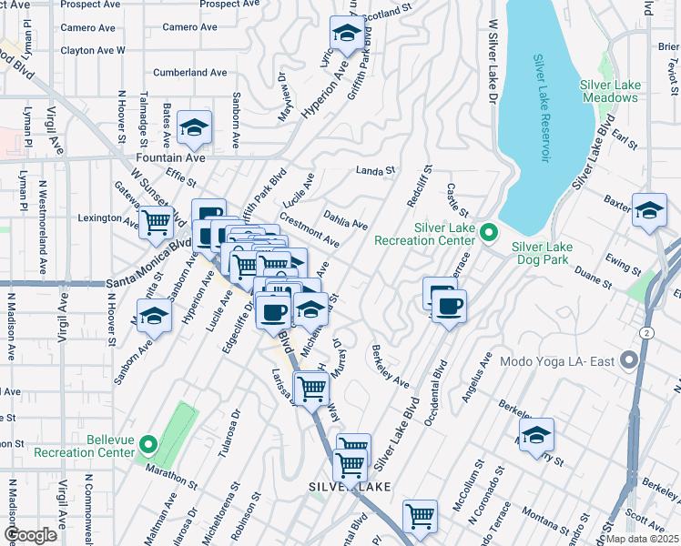 map of restaurants, bars, coffee shops, grocery stores, and more near 1707 Micheltorena Street in Los Angeles