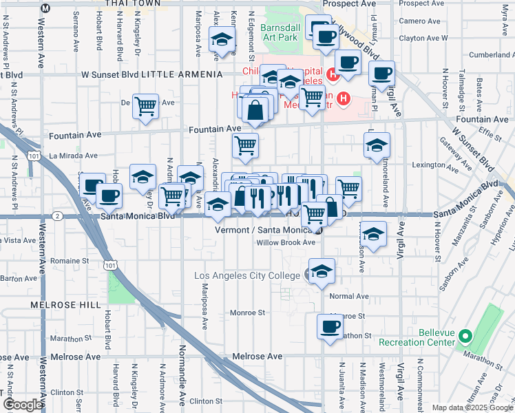 map of restaurants, bars, coffee shops, grocery stores, and more near 1138 North Edgemont Street in Los Angeles
