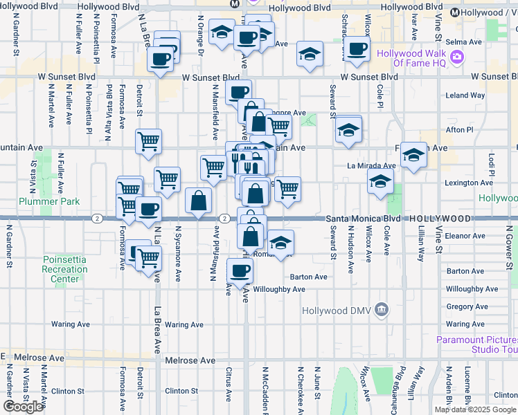 map of restaurants, bars, coffee shops, grocery stores, and more near 1145 North McCadden Place in Los Angeles