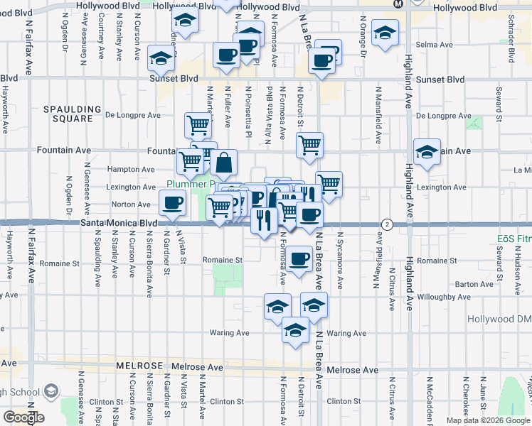 map of restaurants, bars, coffee shops, grocery stores, and more near 1142 North Poinsettia Place in West Hollywood