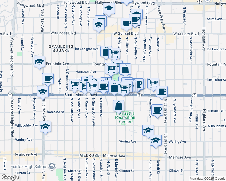 map of restaurants, bars, coffee shops, grocery stores, and more near 1140 North Vista Street in West Hollywood