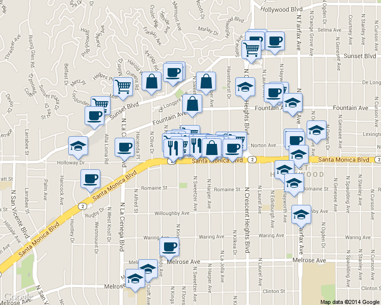 map of restaurants, bars, coffee shops, grocery stores, and more near 1210 North Flores Street in West Hollywood