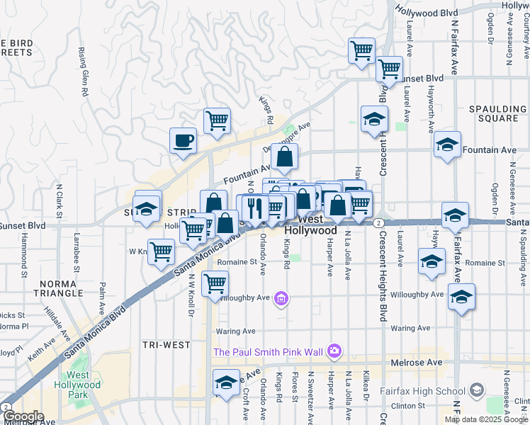 map of restaurants, bars, coffee shops, grocery stores, and more near 1210 North Kings Road in West Hollywood