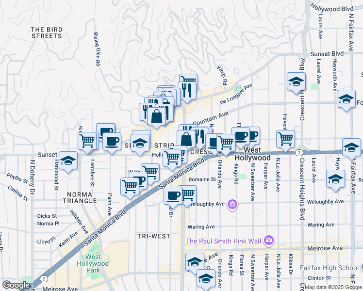 map of restaurants, bars, coffee shops, grocery stores, and more near 1155 La Cienega Boulevard in West Hollywood