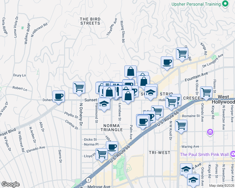 map of restaurants, bars, coffee shops, grocery stores, and more near 1136 Larrabee Street in West Hollywood
