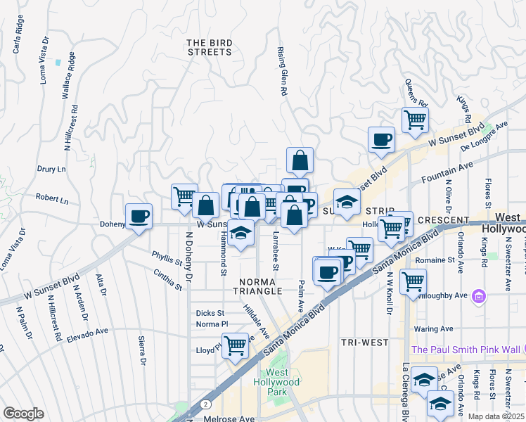 map of restaurants, bars, coffee shops, grocery stores, and more near 1147 North Clark Street in West Hollywood