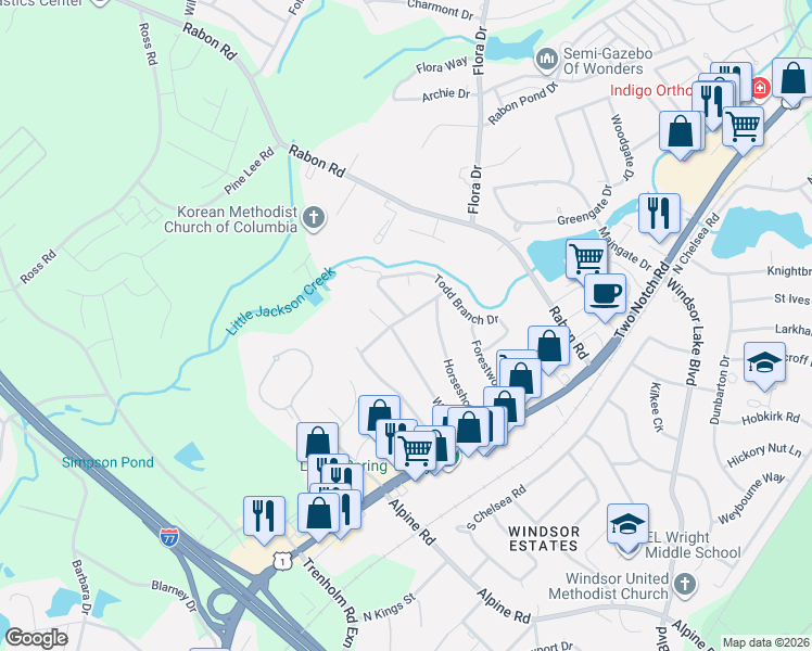 map of restaurants, bars, coffee shops, grocery stores, and more near 218 Horseshoe Circle in Columbia