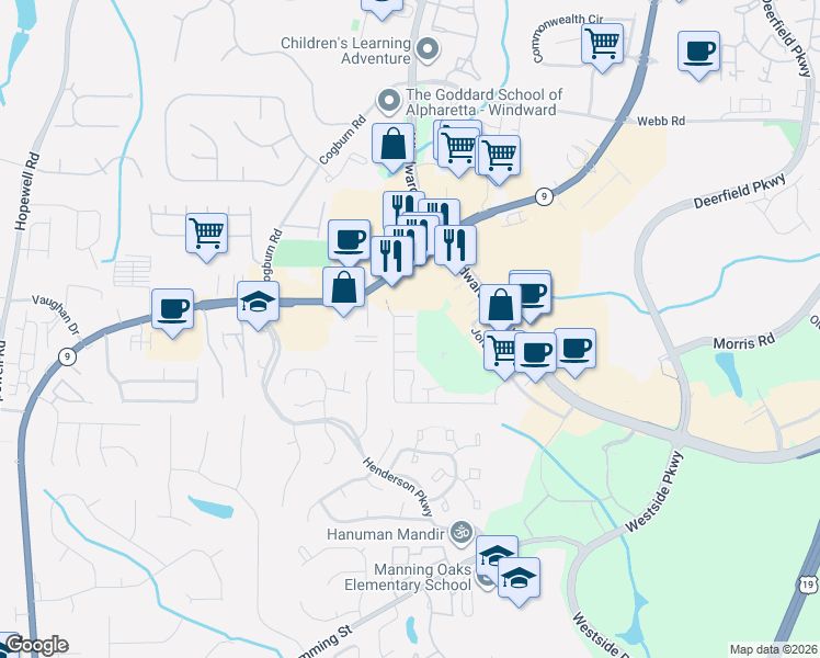 map of restaurants, bars, coffee shops, grocery stores, and more near 2607 Ashleigh Lane in Alpharetta