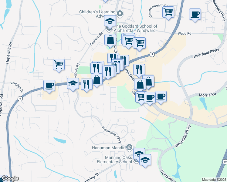 map of restaurants, bars, coffee shops, grocery stores, and more near 2607 Ashleigh Lane in Alpharetta