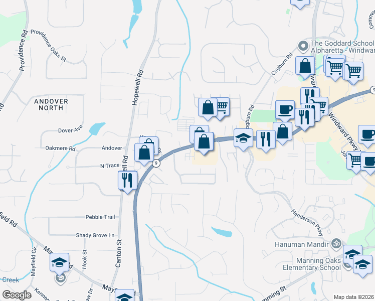 map of restaurants, bars, coffee shops, grocery stores, and more near 612 North Main Street in Alpharetta