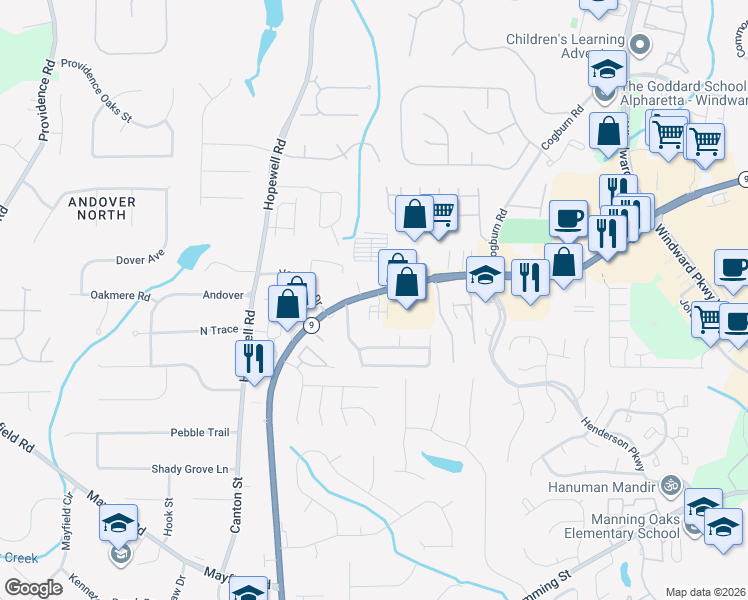 map of restaurants, bars, coffee shops, grocery stores, and more near 612 North Main Street in Alpharetta