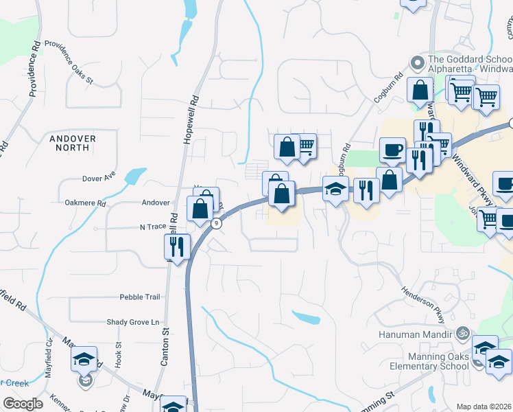map of restaurants, bars, coffee shops, grocery stores, and more near 612 North Main Street in Alpharetta