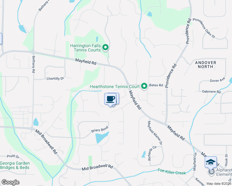 map of restaurants, bars, coffee shops, grocery stores, and more near 1625 Cornerstone Way in Alpharetta
