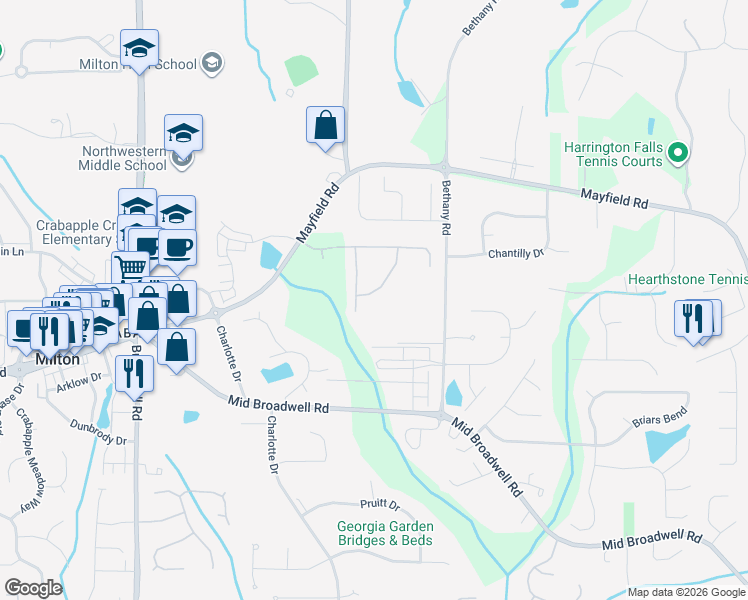 map of restaurants, bars, coffee shops, grocery stores, and more near 3030 Greens Creek Lane in Alpharetta