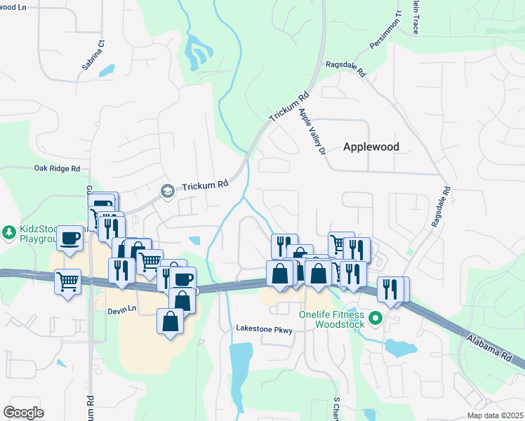 map of restaurants, bars, coffee shops, grocery stores, and more near 141 Weatherstone Drive in Woodstock