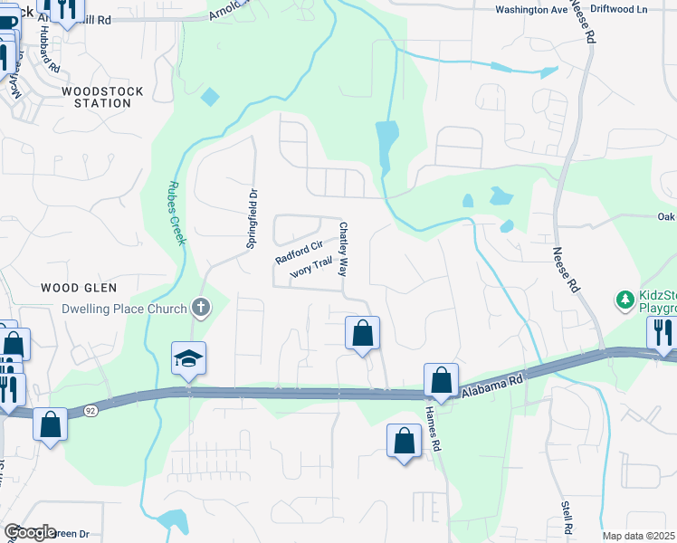 map of restaurants, bars, coffee shops, grocery stores, and more near 1359 Chatley Way in Woodstock