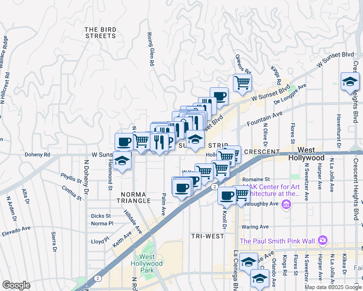 map of restaurants, bars, coffee shops, grocery stores, and more near 8749 Sunset Boulevard in West Hollywood
