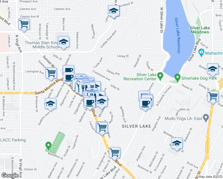 map of restaurants, bars, coffee shops, grocery stores, and more near 1653 Micheltorena Street in Los Angeles