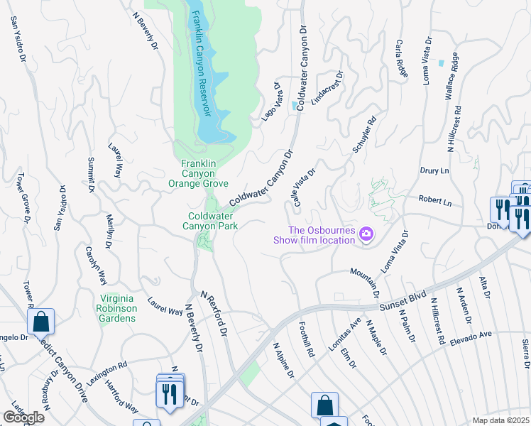 map of restaurants, bars, coffee shops, grocery stores, and more near 1005 North Alpine Drive in Beverly Hills