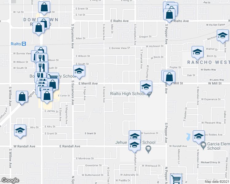 map of restaurants, bars, coffee shops, grocery stores, and more near 571 East Huff Street in Rialto