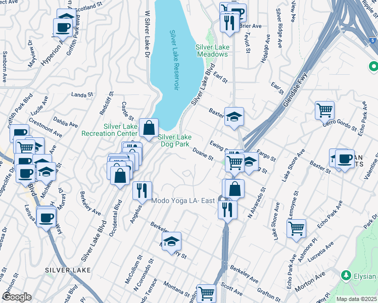 map of restaurants, bars, coffee shops, grocery stores, and more near 2330 Duane Street in Los Angeles