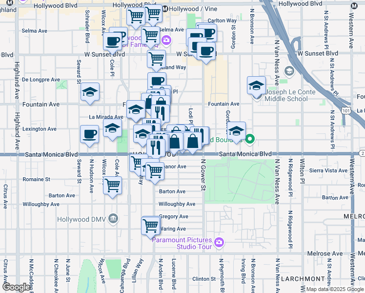 map of restaurants, bars, coffee shops, grocery stores, and more near 1116 North El Centro Avenue in Los Angeles