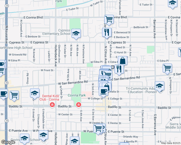 map of restaurants, bars, coffee shops, grocery stores, and more near 216 Merlot Drive in Covina