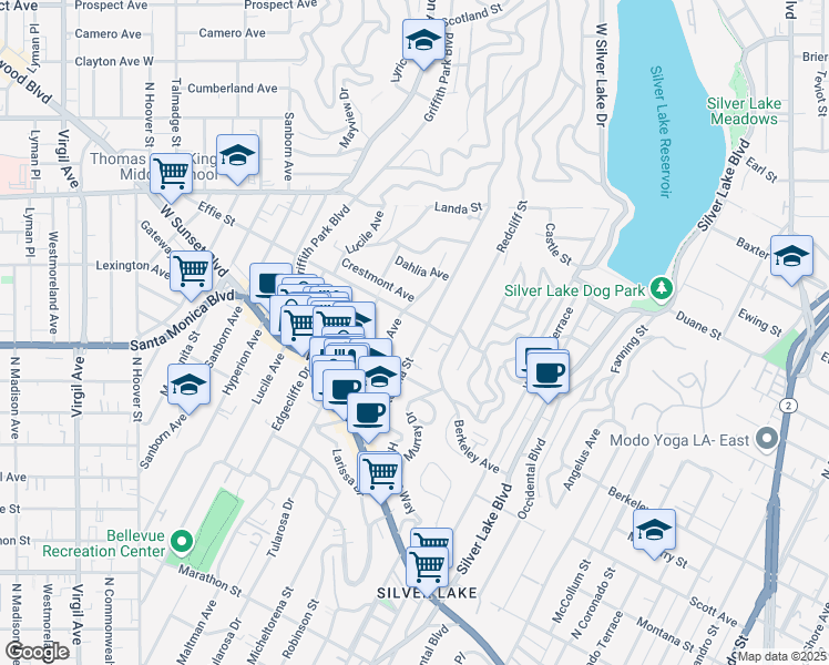 map of restaurants, bars, coffee shops, grocery stores, and more near 1653 Micheltorena Street in Los Angeles