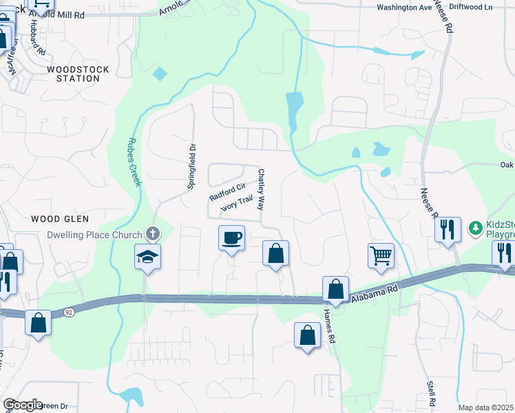 map of restaurants, bars, coffee shops, grocery stores, and more near 1359 Chatley Way in Woodstock