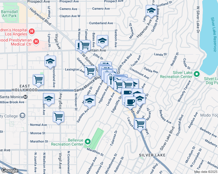 map of restaurants, bars, coffee shops, grocery stores, and more near 3900 Sunset Boulevard in Los Angeles