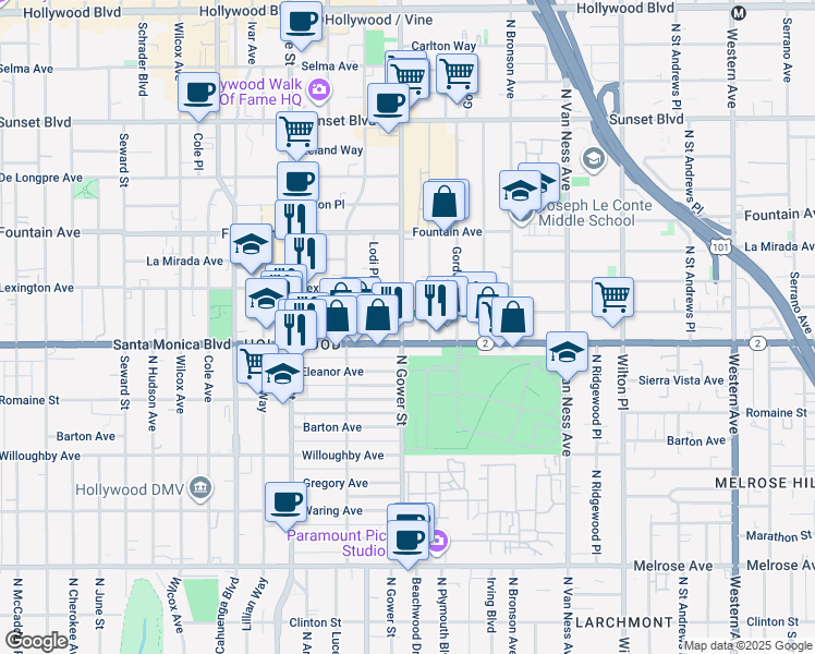 map of restaurants, bars, coffee shops, grocery stores, and more near 1143 North Beachwood Drive in Los Angeles