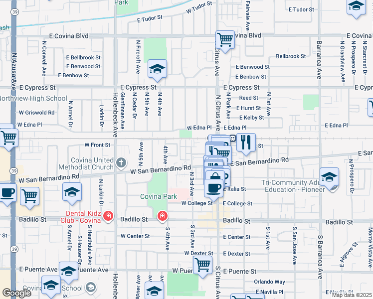 map of restaurants, bars, coffee shops, grocery stores, and more near 216 Merlot Drive in Covina