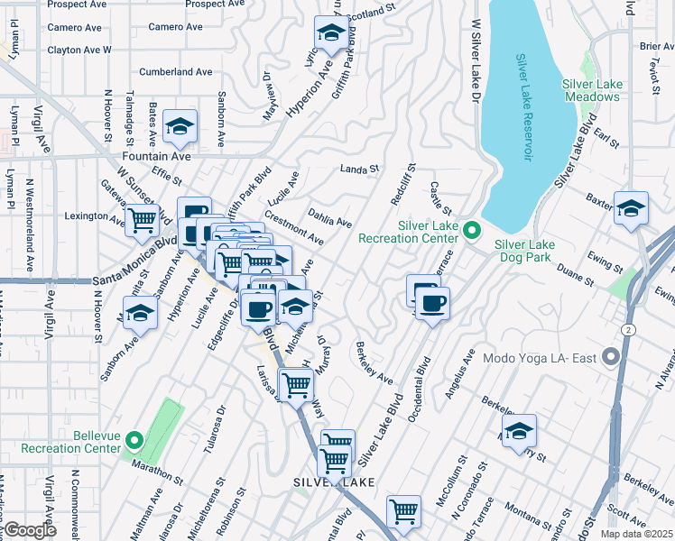 map of restaurants, bars, coffee shops, grocery stores, and more near 1666 Micheltorena Street in Los Angeles