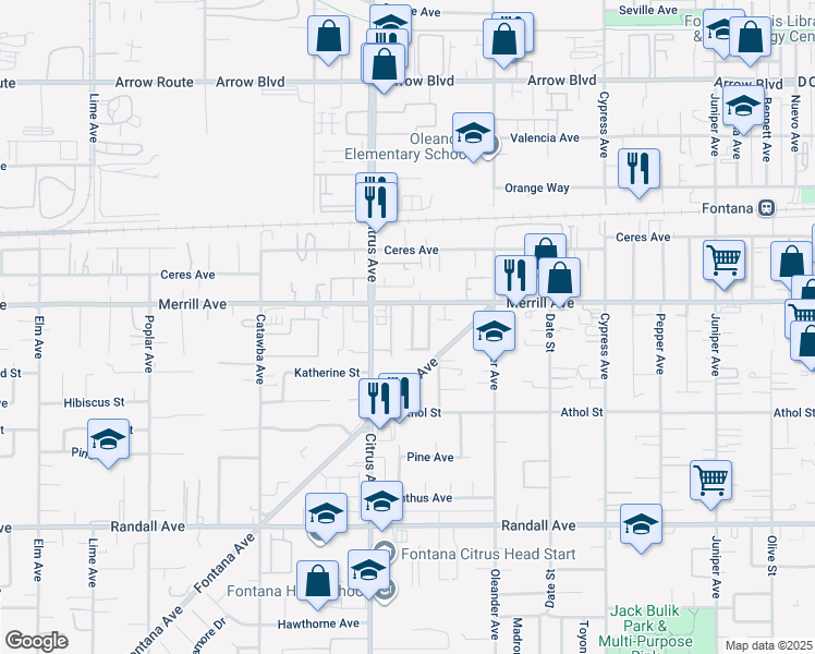 map of restaurants, bars, coffee shops, grocery stores, and more near 8936 Summerwood Way in Fontana
