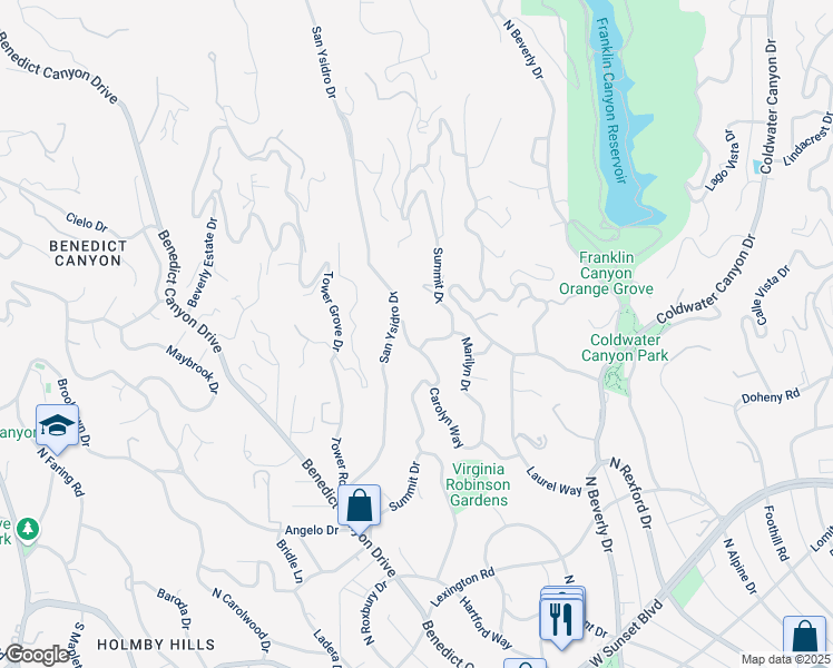 map of restaurants, bars, coffee shops, grocery stores, and more near 1100 Pickfair Way in Beverly Hills