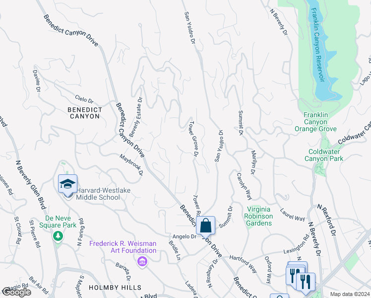 map of restaurants, bars, coffee shops, grocery stores, and more near 9921 Tower Lane in Beverly Hills