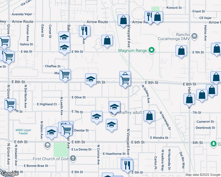 map of restaurants, bars, coffee shops, grocery stores, and more near 1836 North Placer Avenue in Ontario