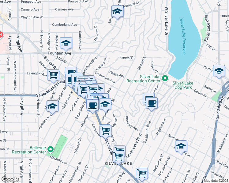 map of restaurants, bars, coffee shops, grocery stores, and more near 1653 Micheltorena Street in Los Angeles