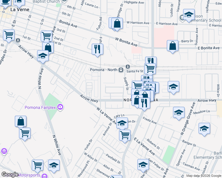 map of restaurants, bars, coffee shops, grocery stores, and more near in Pomona