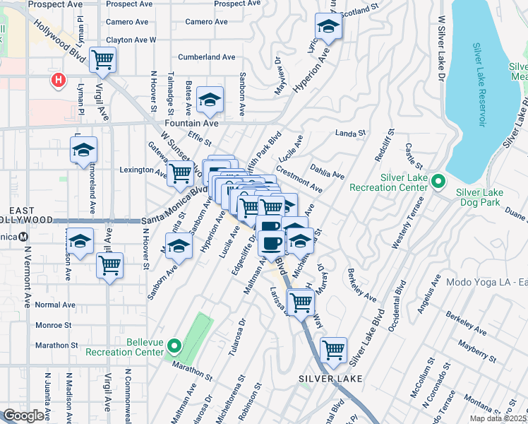 map of restaurants, bars, coffee shops, grocery stores, and more near 1600 Griffith Park Boulevard in Los Angeles