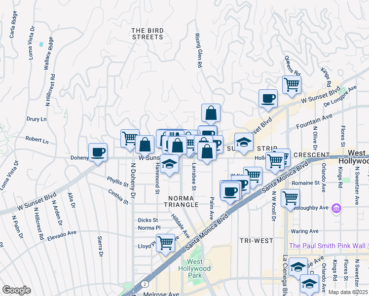 map of restaurants, bars, coffee shops, grocery stores, and more near 1147 North Clark Street in West Hollywood