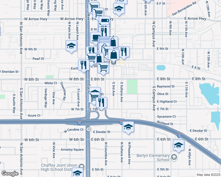 map of restaurants, bars, coffee shops, grocery stores, and more near 263 South 3rd Avenue in Upland