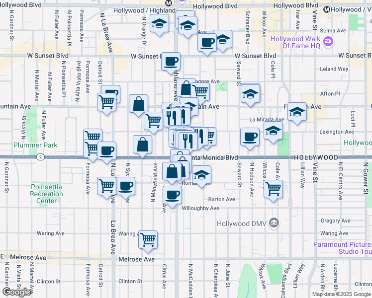 map of restaurants, bars, coffee shops, grocery stores, and more near 1119 North McCadden Place in Los Angeles