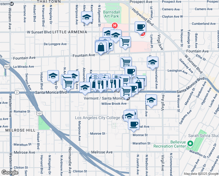 map of restaurants, bars, coffee shops, grocery stores, and more near 1138 North Heliotrope Drive in Los Angeles