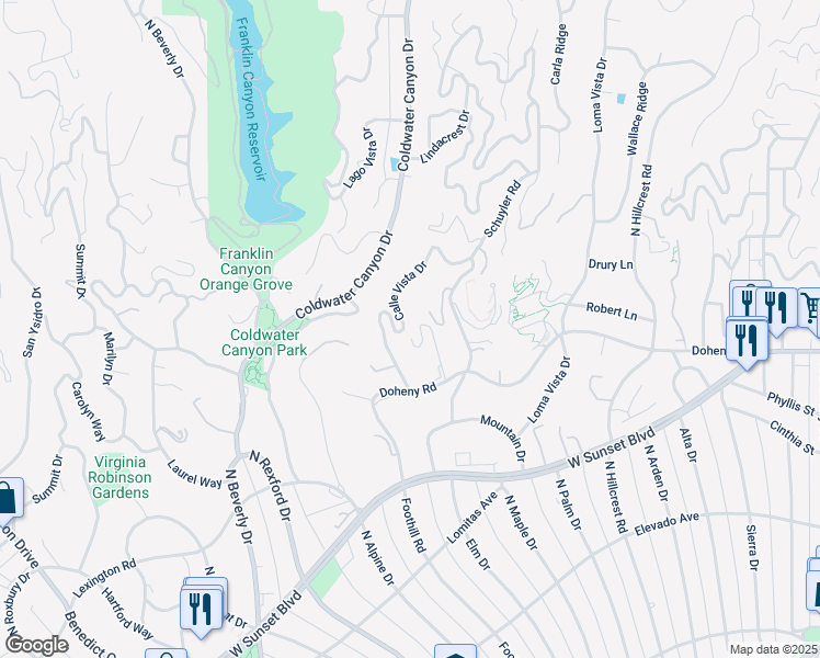 map of restaurants, bars, coffee shops, grocery stores, and more near 1136 Calle Vista Drive in Beverly Hills