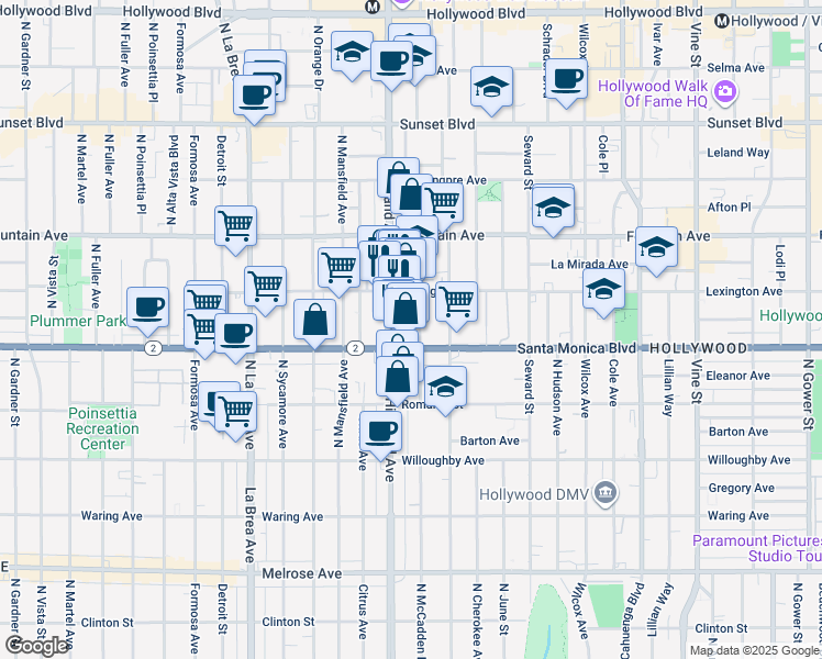 map of restaurants, bars, coffee shops, grocery stores, and more near 1119 North McCadden Place in Los Angeles